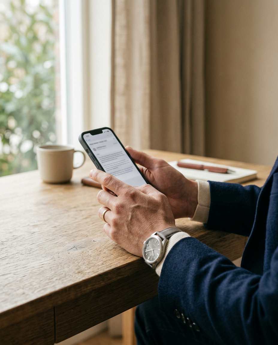 Une main tenant un téléphone pour lire le rapport mensuel Watch, à un bureau